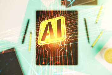 Aufkleber - Double exposure of creative artificial Intelligence icon and digital tablet on background, top view. Neural networks and machine learning concept