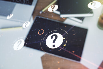Aufkleber - Creative concept of question mark illustration and modern digital tablet on background, top view. FAQ and search concept. Multiexposure
