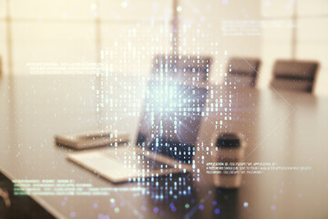 Poster - Creative concept of code skull illustration on modern laptop background. Hacking and phishing concept. Multiexposure