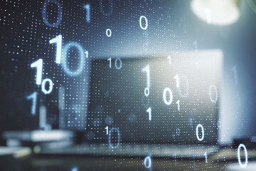 Aufkleber - Double exposure of creative abstract binary code hologram on laptop background. Database and programming concept