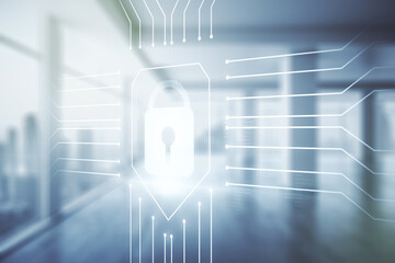 Poster - Double exposure of virtual creative lock hologram with chip on empty modern office background. Information security concept