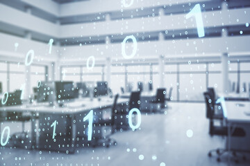 Aufkleber - Double exposure of abstract virtual binary code hologram on modern corporate office background. Database and programming concept