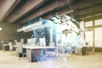 Poster - Multi exposure of abstract creative coding sketch and world map on a modern furnished office background, artificial intelligence and neural networks concept