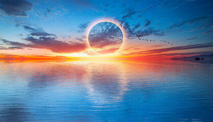 Canvas Print - Migratory birds flying in the sky with Solar Eclipse at amazing sunset