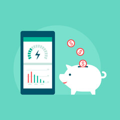 save money on your electrical bill: energy efficiency app on smartphone and coins falling in a piggy
