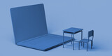 Fototapeta  - Online school. Laptop in front of class desks. 3d illustration.