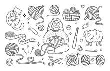 Crochet Doodle Illustration Of Girl Knitting Clothes, Cat Playing With Wool Yarn Ball, Sheep, Hook, Skein. Hand Drawn Cute Line Art About Handmade. Drawing For Coloring