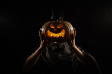 Pumpkin Jack O Lantern Instead Of A Woman's Head. Halloween