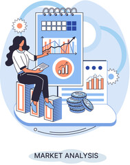 Poster - Market analysis metaphor marketing strategy development. Business research. Identify business determine solutions business problems solving. Marketer analyzes sales plan, doing an advertising campaign