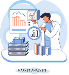 Poster - Market analysis metaphor marketing strategy development. Business research. Identify business determine solutions business problems solving. Marketer analyzes sales plan, doing an advertising campaign