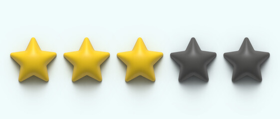 Glossy yellow 3d three star rating. 3D render image. 3 stars of 5. Golden star shape. Quality of service measurement. Ranking system, review symbol. Classification and statistics. Rate button symbol