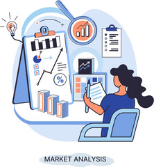 Poster - Market analysis metaphor marketing strategy development. Business research. Identify business determine solutions business problems solving. Marketer analyzes sales plan, doing an advertising campaign