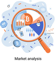 Poster - Market statistics data analysis metaphor marketing strategy development. Business research. Identify business needs determine solutions problems solving. View financial data through magnifying glass
