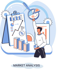 Poster - Market analysis metaphor marketing strategy development. Business research. Identify business determine solutions business problems solving. Marketer analyzes sales plan, doing an advertising campaign