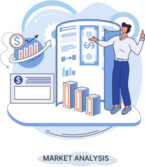 Poster - Market analysis metaphor marketing strategy development. Business research. Identify business determine solutions business problems solving. Marketer analyzes sales plan, doing an advertising campaign