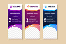 Roll Up Banners Template Design With Headline Is Professional Affiliate. Space Of Photo And Text. Advertising Banner With Vertica Layout. Multicolor Gradient Colors Element In Colorful Background