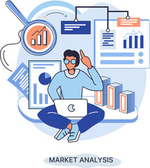 Poster - Market analysis metaphor marketing strategy development. Business research. Identify business determine solutions business problems solving. Marketer analyzes sales plan, doing an advertising campaign