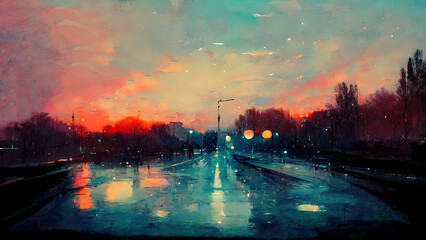 Wall Mural - city of love, abstract, anime, manga, digital art painting of a city at dawn, dusk. red colored illu