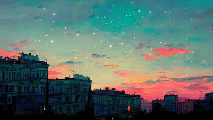 Wall Mural - city of love, abstract, anime, manga, digital art painting of a city at dawn, dusk. red colored illu