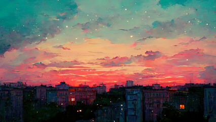 Wall Mural - city of love, abstract, anime, manga, digital art painting of a city at dawn, dusk. red colored illu