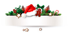 Christmas Decoration With Bend Paper Banner. Christmas Gifts, Cookies, Gingerbread Man, Santa Hat And Fir Twigs.