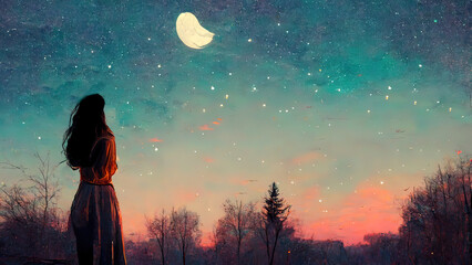 Wall Mural - Girl in love looking in the distance. Anime, manga style painting, drawing. Red sunset, sunrise. Romantic sad, lofi feeling. Beautiful scenery. 4k moody wallpaper. Moon clouds and stars.