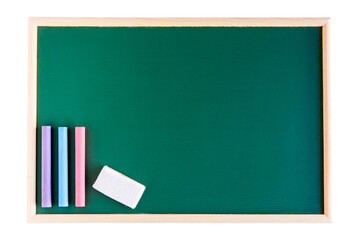 Wall Mural - Colored chalk and blank blackboard eraser on Blank green board isolated on white background. with copy space for add text