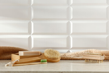 Wall Mural - marble table in the bathroom and toiletries on a beautiful sunny day, empty space