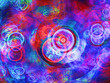 Creación de arte digital fantástico compuesto de formas ovoides translúcidas en colores eléctricos sobre un fondo oscuro mostrando algo con aspecto de ser células atrapadas por ondas envolventes.