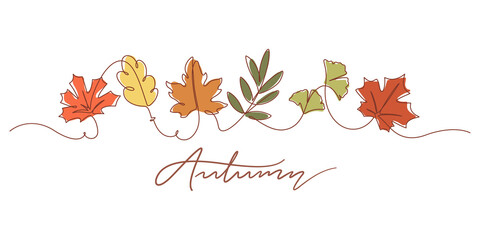 Wall Mural - One line drawing of autumn leaves and autumn typography