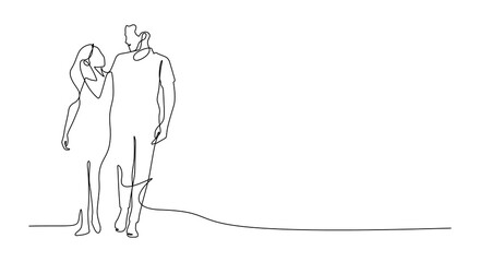 Wall Mural - one line drawing of couple walking leisure romantic scene view vector illustration