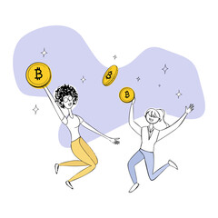 two girls joyfully bounce holding a bitcoin coin in their hands