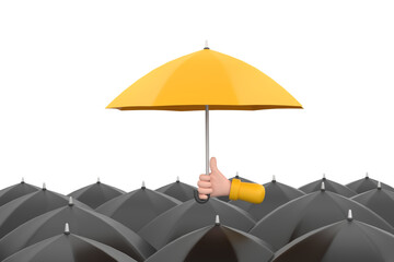 Uniqueness and individuality. Hand holding a yellow umbrella among people with black umbrellas.