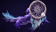 Neon dream catcher with feathers and beads. Native American Indian dream catcher, traditional symbol. Feathers and beads on blue background. Vector decorative elements hippie.