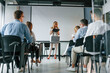 © standret - Woman with notepad in hands doing master class. Group of professional business people is in the office