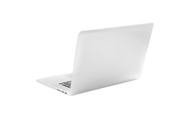 Laptop gray metalic sliver colour notebook in backside view open cover on the white background. Clipping Path.