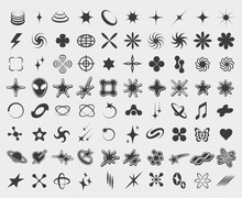 Y2K Symbols. Retro Star Icons, Trendy Acid Rave And Graphic Elements For Posters And Streetwear Fashion Design Vector Set