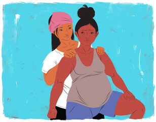 Wall Mural - Doula supporting a mother standing during child birth labor