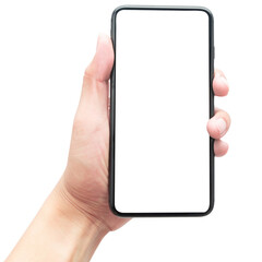 hand holding smartphone with screen mockup.