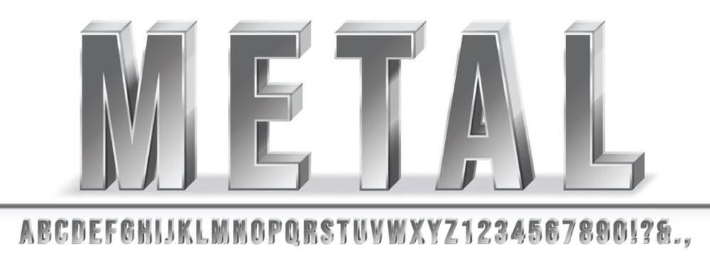 Realistic metal font. Shiny metallic 3D letters with extrude effect and steel texture. Chrome alphabet vector set