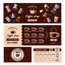 Coffee Cafe Loyalty Card. Collecting Stamps Coupon, Cafe Gift Bonus And Get Cup For Free Voucher Vector Template