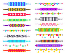 Handmade Hippie Bracelets. Friendship Bands, Colorful Wristband And Braided Bracelet Vector Set