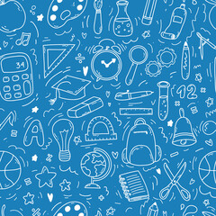Hand drawn doodle seamless pattern with school icons on blue background. Vector illustration of supplies, back to school concept for print, web and textile design, stationery