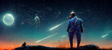 Man And His Pet In Futuristic Suit Siting And Looking Digital Art Illustration Painting Hyper Realistic