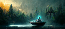 Man On Boat Facing A Legendary Angel In The Dark Forest Digital Art Illustration Painting Hyper Realistic