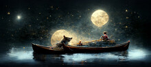 Boy Rowing A Boat With His Wolf Among The Stars Digital Art Illustration Painting Hyper Realistic