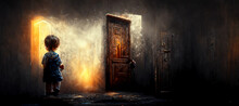 Child Standing In A Dark Place And Opening A Door Digital Art Illustration Painting Hyper Realistic
