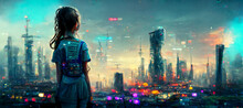Young Girl Standing And Looking At The Cyberpunk City Digital Art Illustration Painting Hyper Realistic