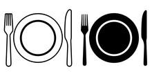 Ofvs76 OutlineFilledVectorSign Ofvs - Cutlery Vector Icon . Isolated Transparent - Empty Plate . Fork, Knife Sign . Black Outline And Filled Version . AI 10 / EPS 10 . G11385