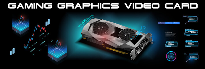 Poster - realistic video card for computer in isometric view. video card for cryptocurrency mining or games. 